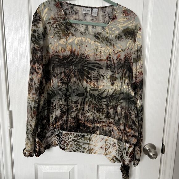 Chico's Velvet Burnout Sheer Silk Blouse Size 3 US XL Brown Long Sleeve Side Tie - Picture 1 of 9